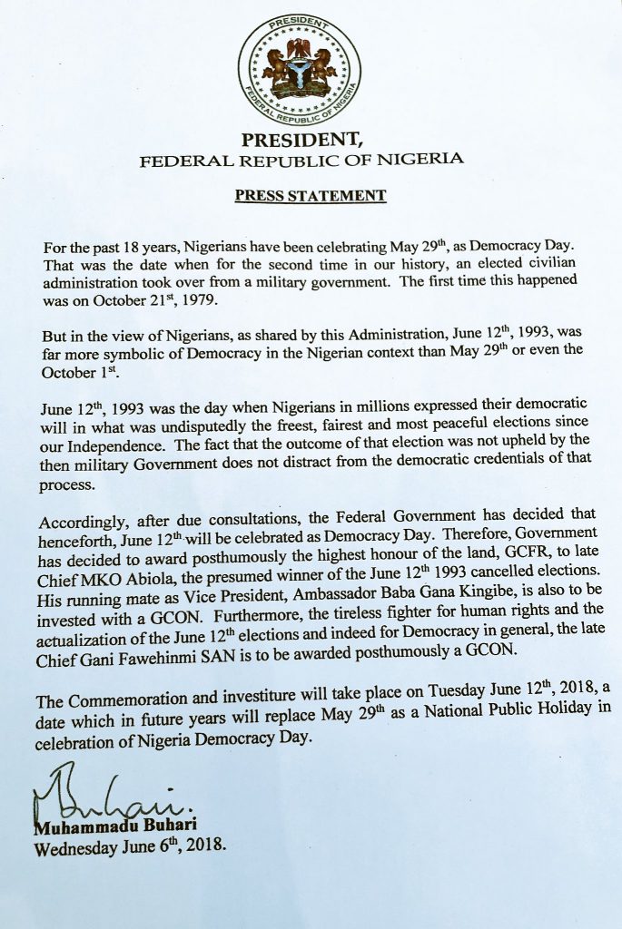 Buhari declares June 12 as democracy day 